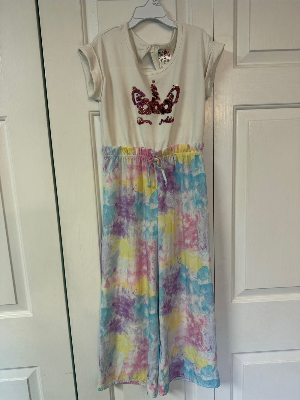Girls' Cream Unicorn Sequin Top Tie-Dye Jumpsuit
